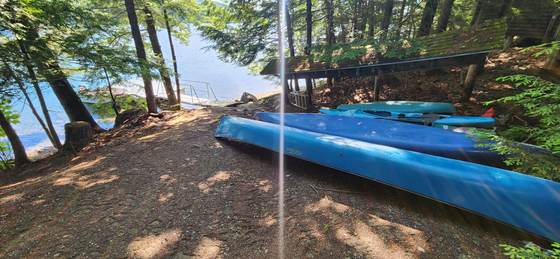 Canoes and kayaks stored along the shore