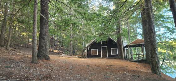 The main Lodge tucked into the pines above the pond