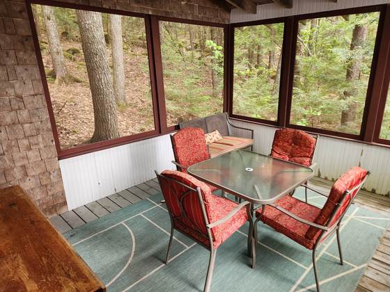 A screened porch looking out into the woods