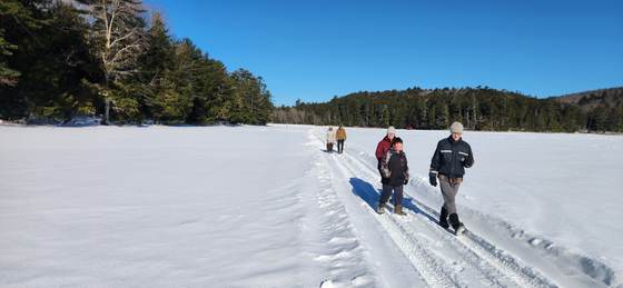 Walking out across the frozen pond in winter